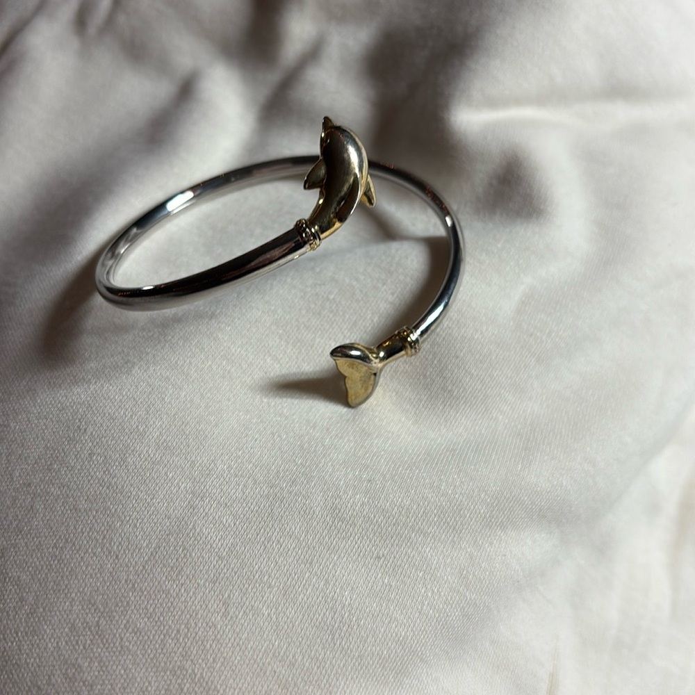 Tubular Silvertone w Goldtone Diving Dolphin End Bypass Bangle Bracelet